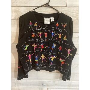 VTG Michael Simon Lite Cardigan Women L Embroidered Ice Skaters Holiday